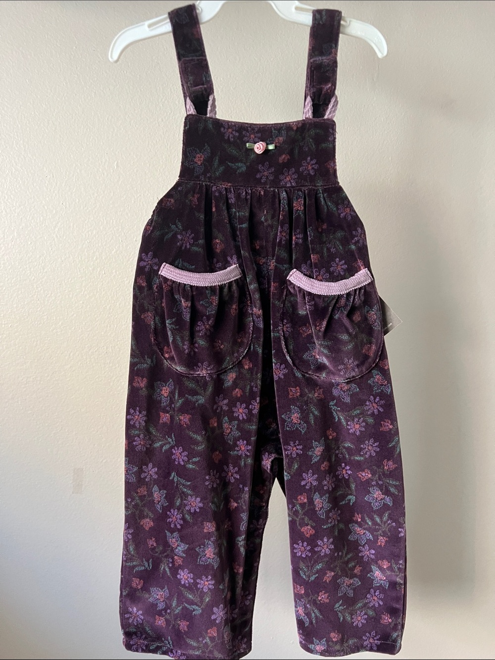 Vintage Cozy Toes Purple Floral velvet Overalls for Kids 12M